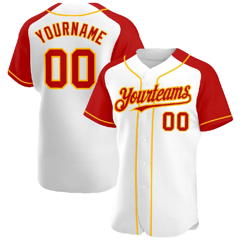 Baseball Jersey For Signature Designs-Custom White Red-Gold Authentic Raglan Sleeves Baseball Jersey