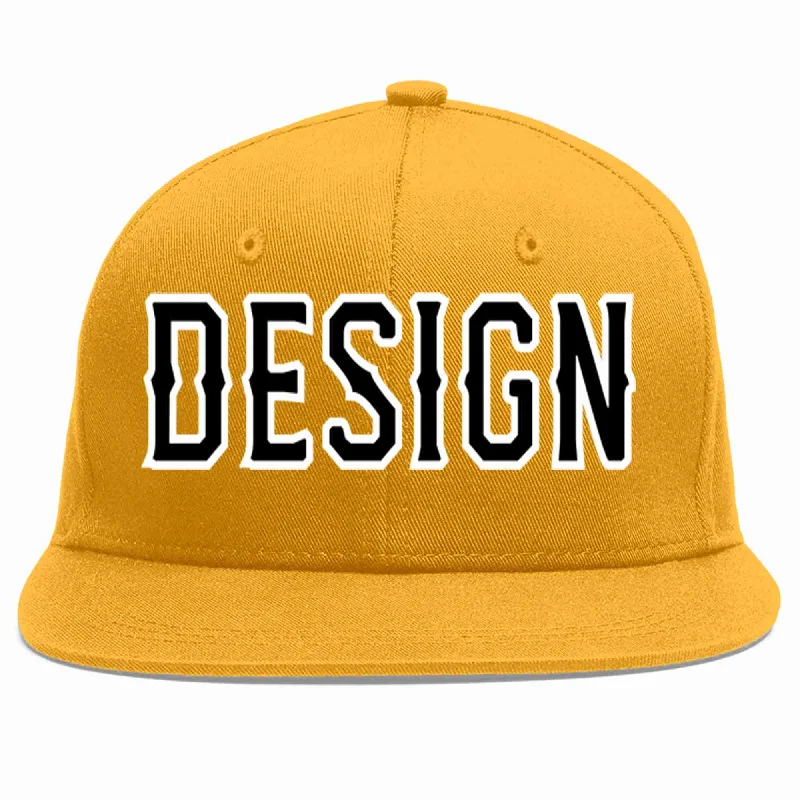 Baseball Cap For Custom Team Logos-Custom Gold Black-White Flat Eaves Sport Baseball Cap Design for Men/Women/Youth