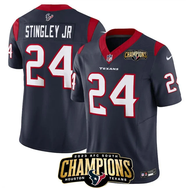 Football Jersey For Softball Custom Event Orders-Men's Houston Texans #24 Derek Stingley Jr. Navy 2023 F.U.S.E. AFC South Champions Patch Vapor Untouchable Limited Football Stitched Jersey