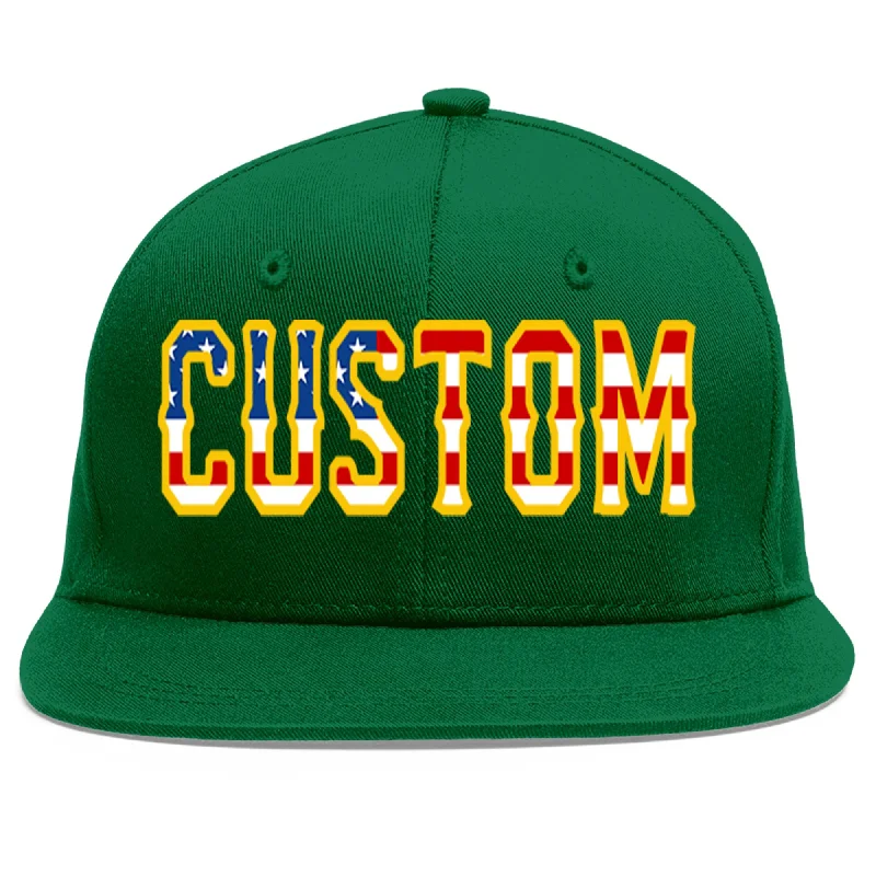 Baseball Cap For Softball Custom Orders-Custom Green Vintage USA Flag-Gold Flat Eaves Sport Baseball Cap