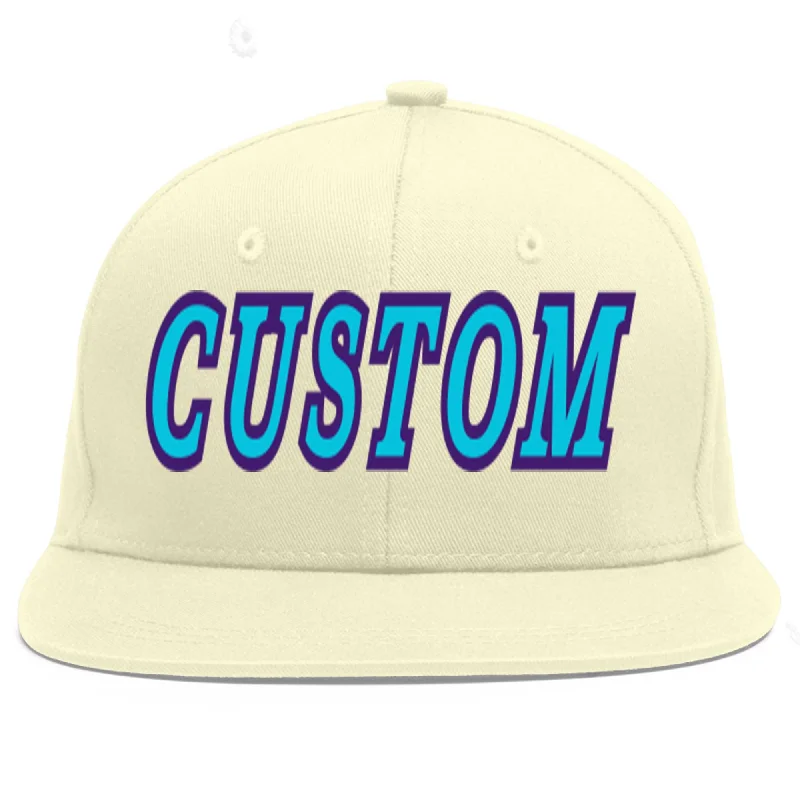 Baseball Cap For Official Merchandise-Custom Cream Light Blue-purple Flat Eaves Sport Baseball Cap