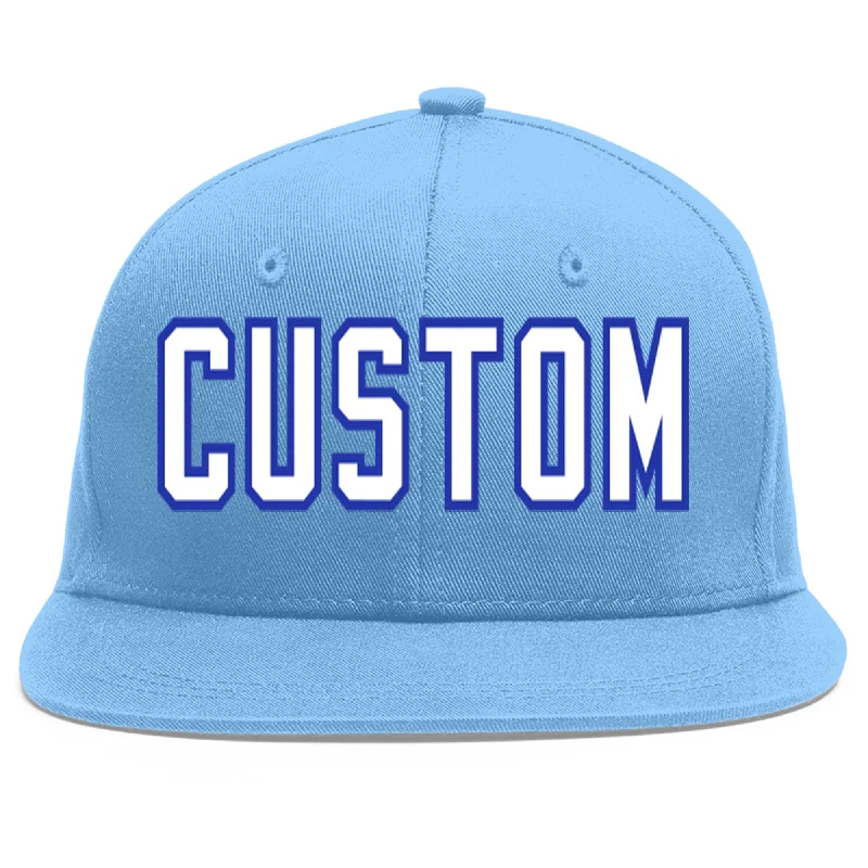 Baseball Cap For Youth Team Fan Gear-Custom Light Blue White-Royal Flat Eaves Sport Baseball Cap