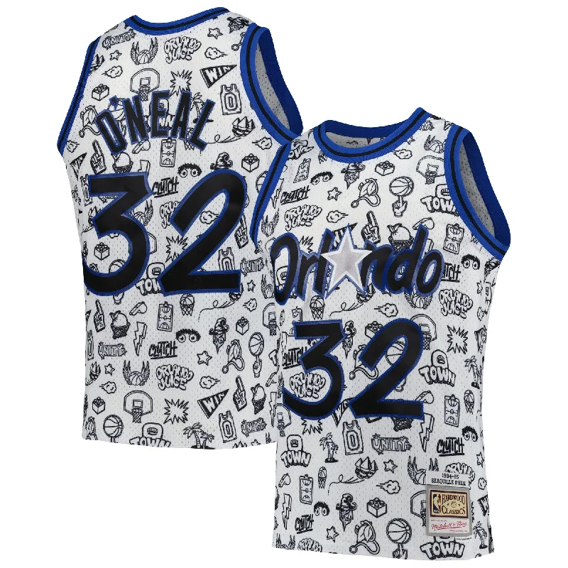 Basketball Jersey For High-School Customization-Shaquille O'neal Orlando Magic 1994/95 Hardwood Classics Doodle Swingman Player Basketball Jersey - White