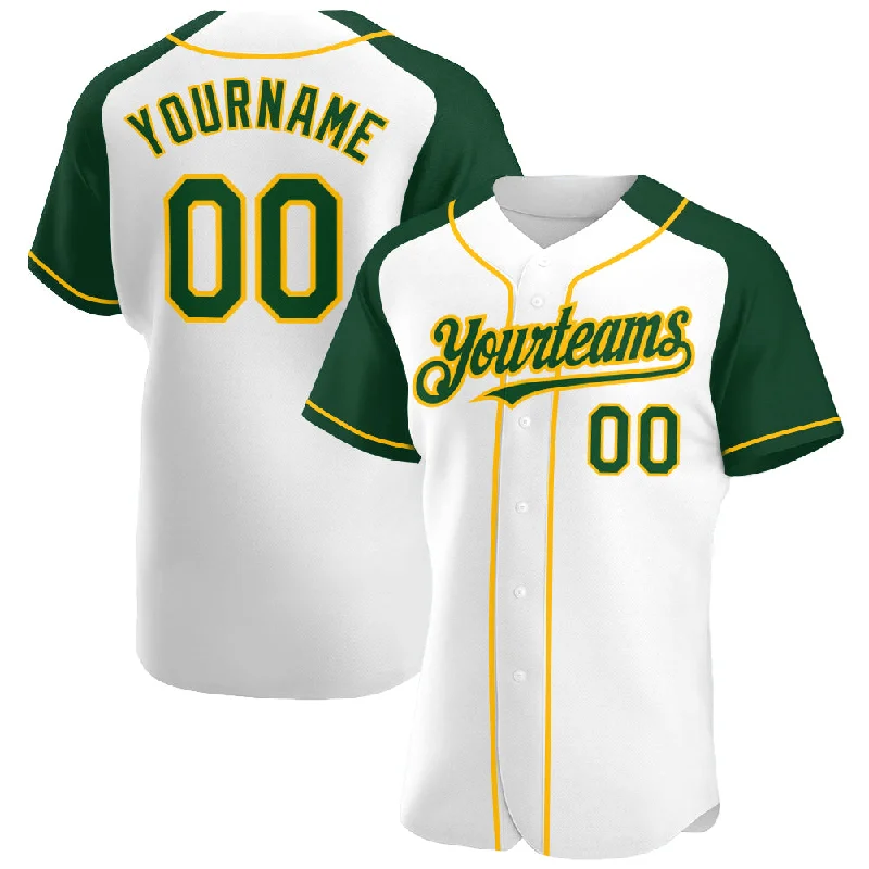 Baseball Jersey For High-Quality Custom Fan Gear-Custom White Green-Gold Authentic Raglan Sleeves Baseball Jersey