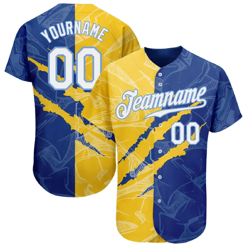 Baseball Jersey For Team Merchandise Orders-Custom Graffiti Pattern White Yellow Royal-Light Blue 3D Scratch Authentic Baseball Jersey