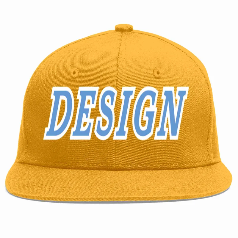 Baseball Cap For Tournament Team Apparel-Custom Gold Light Blue-White Flat Eaves Sport Baseball Cap Design for Men/Women/Youth