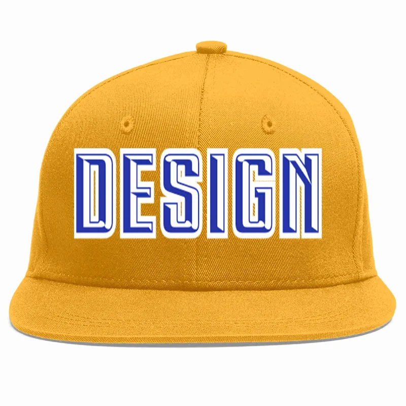 Baseball Cap For Fan Club Custom Gear-Custom Gold Royal-White Flat Eaves Sport Baseball Cap Design for Men/Women/Youth