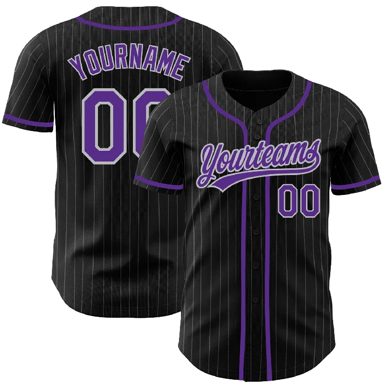 Baseball Jersey For Softball Custom Fan Gear-Custom Black Gray Pinstripe Purple Authentic Baseball Jersey