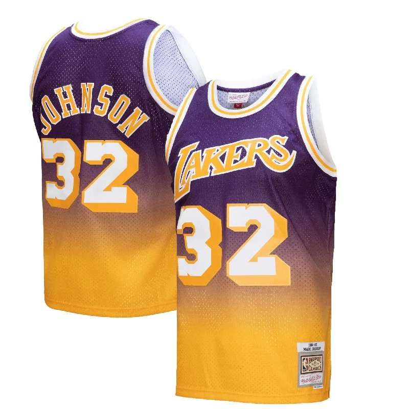 Basketball Jersey For Fan Support Gear-Magic Johnson Los Angeles Lakers 1984/85 Hardwood Classics Fadeaway Swingman Player Basketball Jersey - Gold/purple