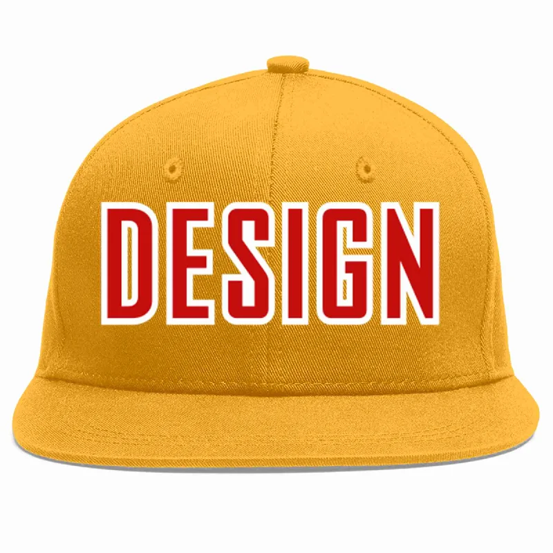 Baseball Cap For Exclusive Fan Custom Orders-Custom Gold Red-White Flat Eaves Sport Baseball Cap Design for Men/Women/Youth