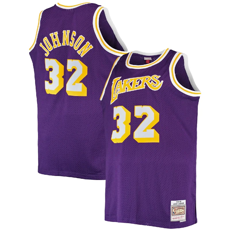 Basketball Jersey With Custom Patches-Magic Johnson Los Angeles Lakers Big & Tall 1984/85 Hardwood Classics Swingman Basketball Jersey - Purple