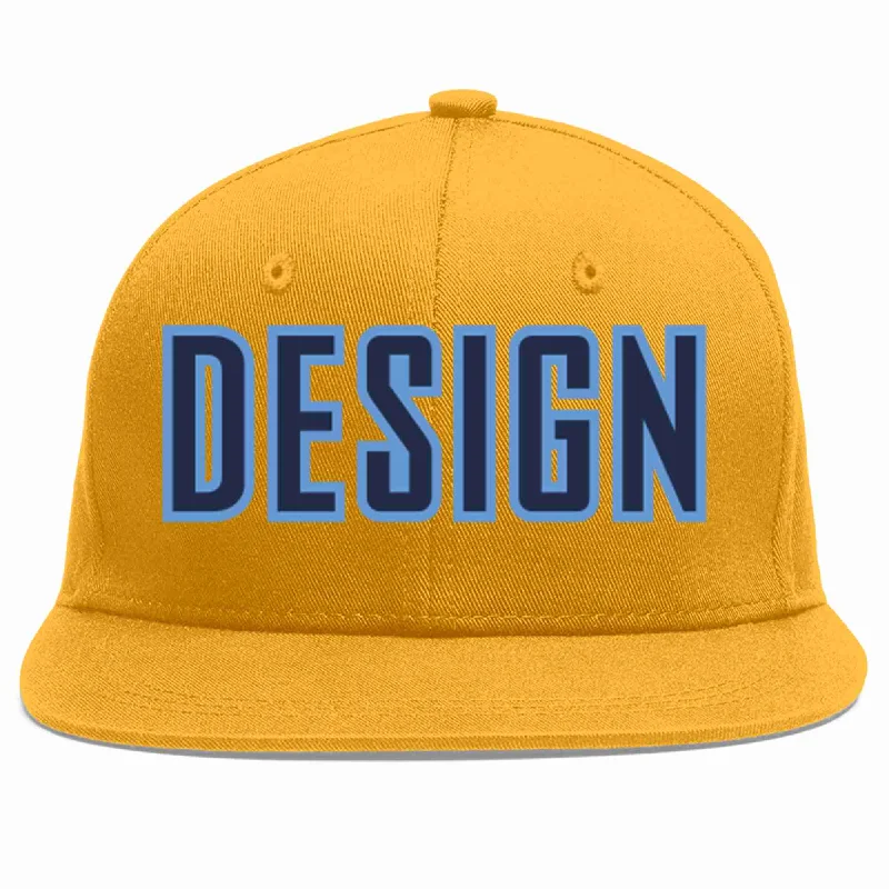 Baseball Cap For Custom Event Team Orders-Custom Gold Navy-Light Blue Flat Eaves Sport Baseball Cap Design for Men/Women/Youth