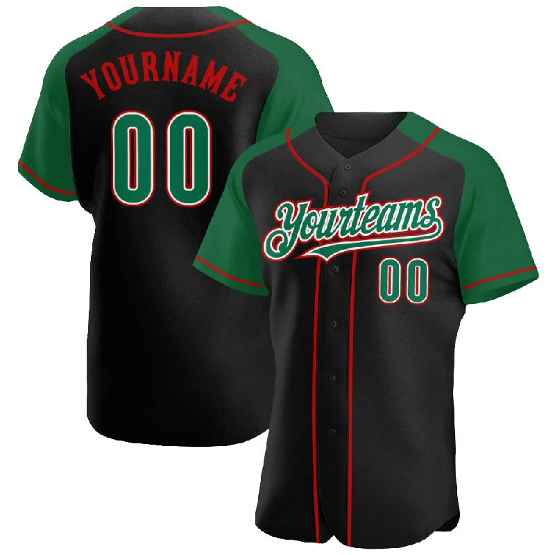 Baseball Jersey For Custom Fan Gear-Custom Black Kelly Green-Red Authentic Raglan Sleeves Baseball Jersey