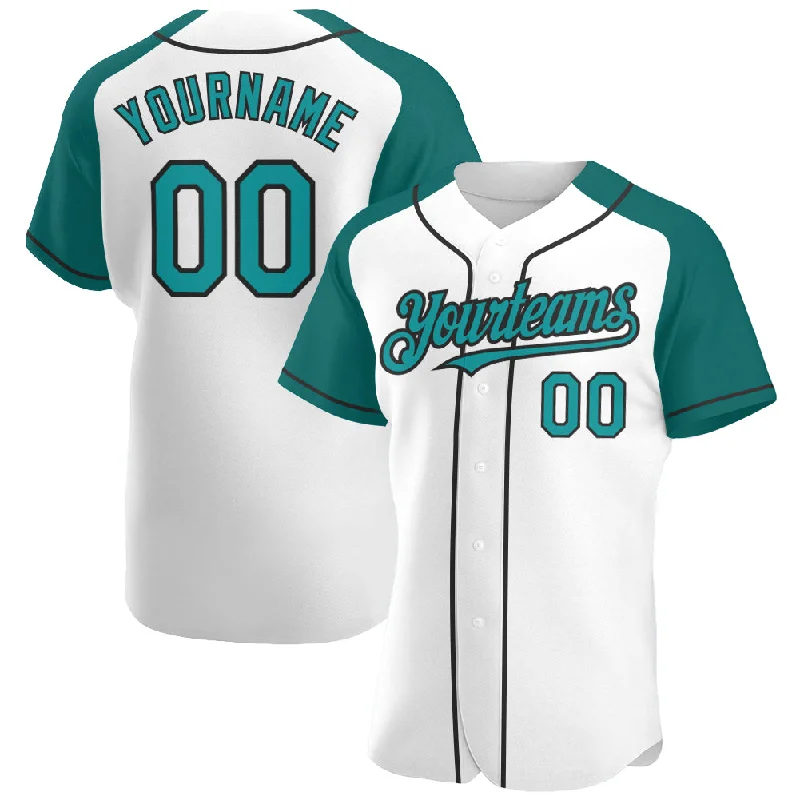 Baseball Jersey With Numbering-Custom White Teal-Black Authentic Raglan Sleeves Baseball Jersey