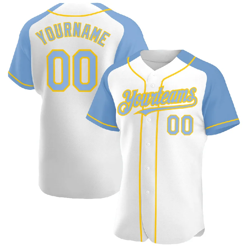 Baseball Jersey For Custom Sports Fan Gear-Custom White Light Blue-Yellow Authentic Raglan Sleeves Baseball Jersey