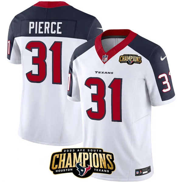 Football Jersey For School Spirit Orders-Men's Houston Texans #31 Dameon Pierce White/Navy 2023 F.U.S.E. With AFC South Champions Patch And Team Logo Patch Limited Football Stitched Jersey