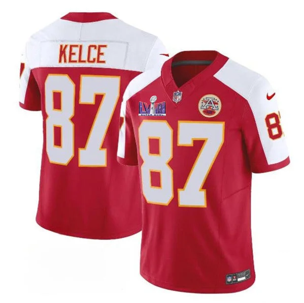 Football Jersey For Game Day-Men’s Kansas City Chiefs #87 Travis Kelce Red/White 2024 F.U.S.E. Super Bowl LVIII Patch Vapor Untouchable Limited Football Stitched Jersey