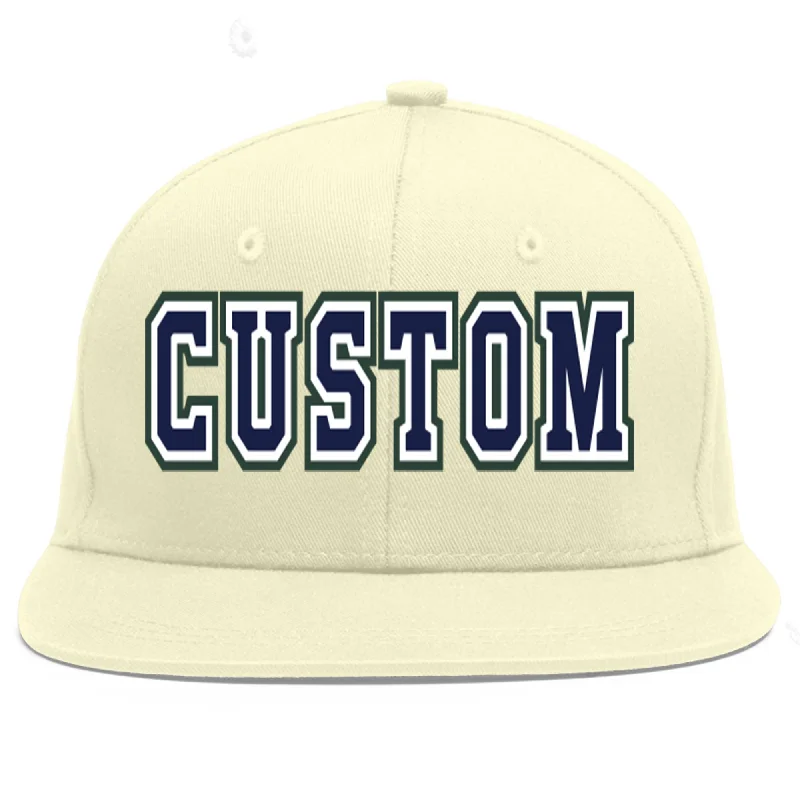 Baseball Cap For High School Teams-Custom Cream Navy-White Flat Eaves Sport Baseball Cap