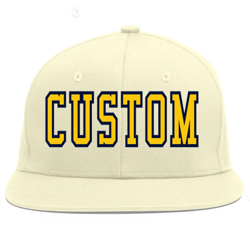 Baseball Cap For Custom Tournament Fan Gear-Custom Cream Gold-Navy Flat Eaves Sport Baseball Cap