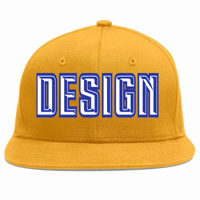 Baseball Cap For Personalized Team Merchandise-Custom Gold White-Royal Flat Eaves Sport Baseball Cap Design for Men/Women/Youth