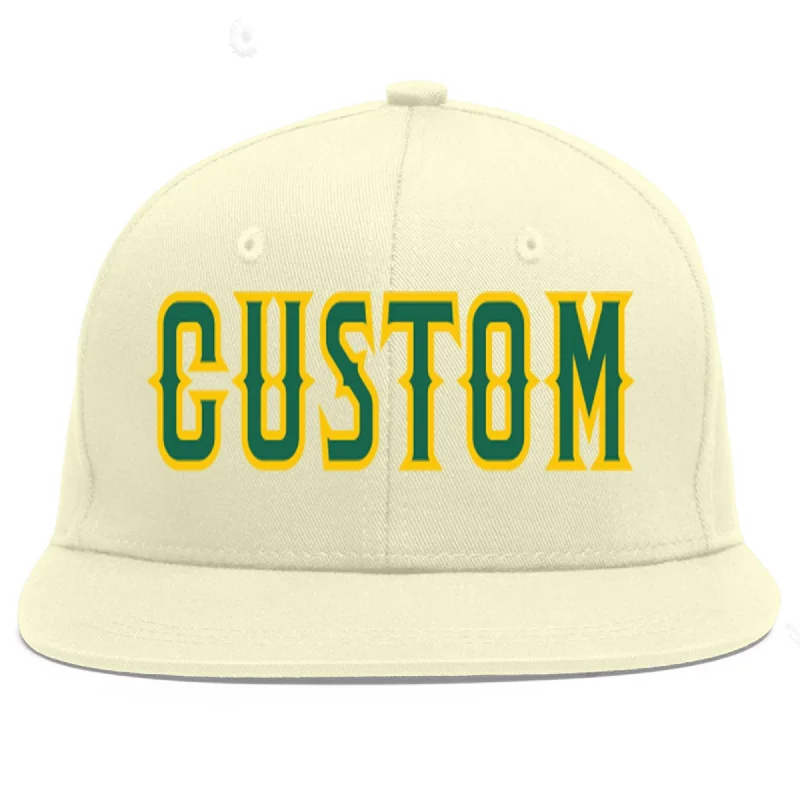 Baseball Cap For Event Customization-Custom Cream Kelly Green-Gold Flat Eaves Sport Baseball Cap