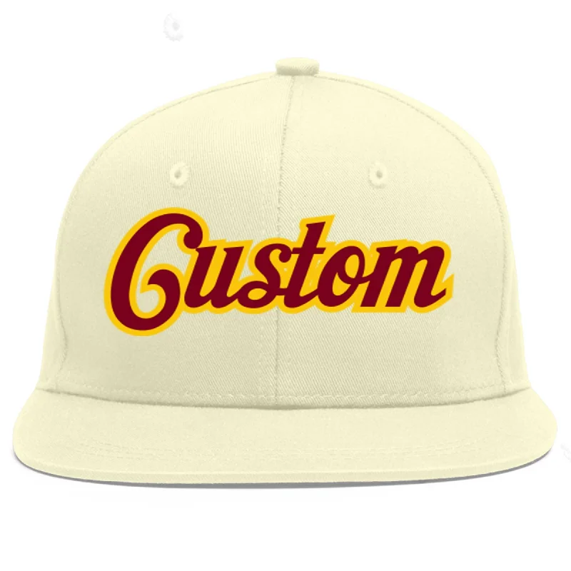 Baseball Cap For Professional Merchandise-Custom Cream Crimson-Gold Flat Eaves Sport Baseball Cap