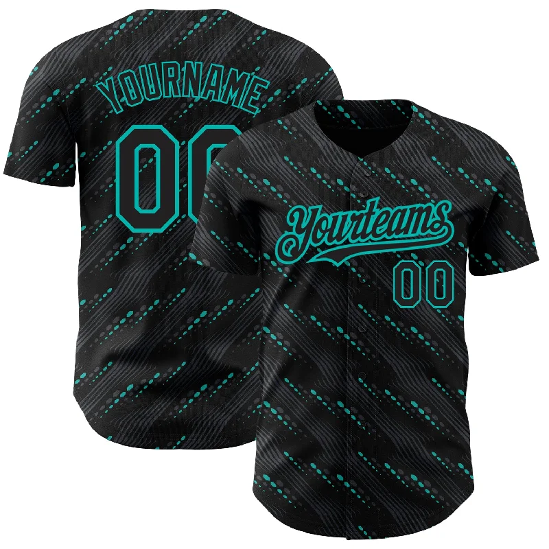 Baseball Jersey For Men-Custom Black Aqua 3D Pattern Design Slant Lines Authentic Baseball Jersey