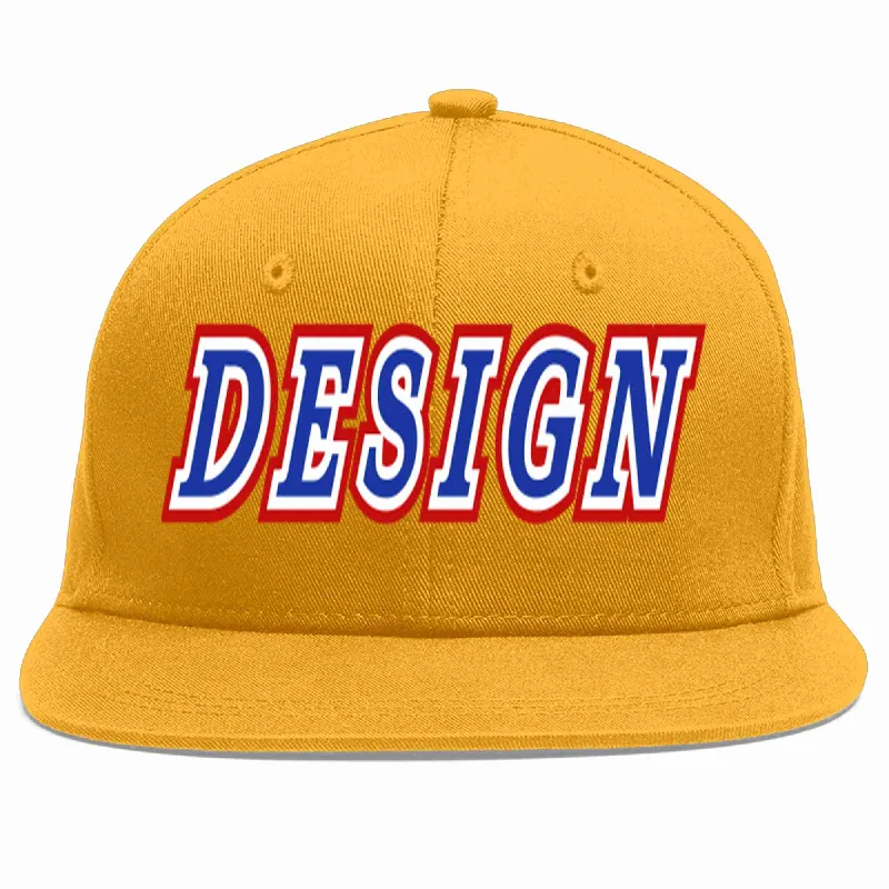 Baseball Cap For Group Team Apparel Customization-Custom Gold Royal-White Flat Eaves Sport Baseball Cap Design for Men/Women/Youth