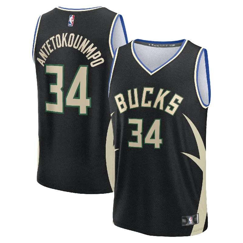 Basketball Jersey With Custom Logo-Giannis Antetokounmpo Milwaukee Bucks Branded Fast Break Player Basketball Jersey - Statement Edition - Black