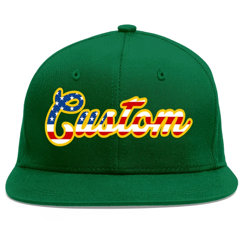 Baseball Cap For Event And Tournament Gear-Custom Green Vintage USA Flag-Gold Flat Eaves Sport Baseball Cap