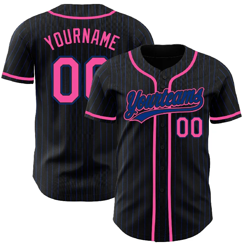 Baseball Jersey For Custom Event Team Gear-Custom Black Royal Pinstripe Pink Authentic Baseball Jersey