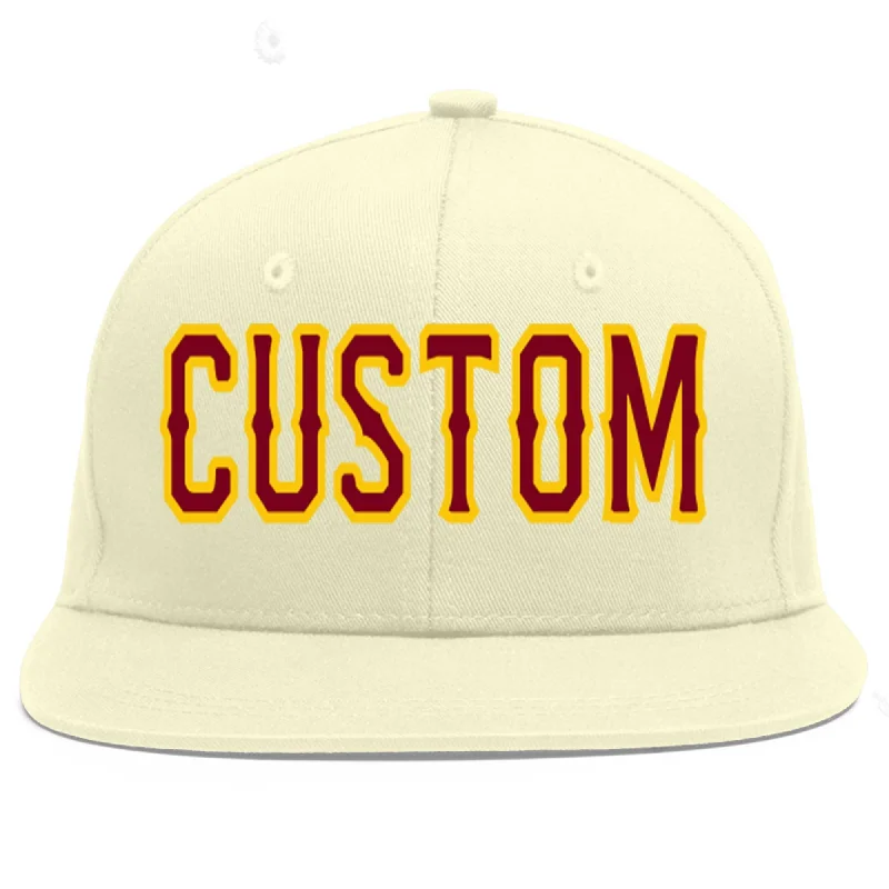 Baseball Cap For High School Customization-Custom Cream Crimson-Gold Flat Eaves Sport Baseball Cap