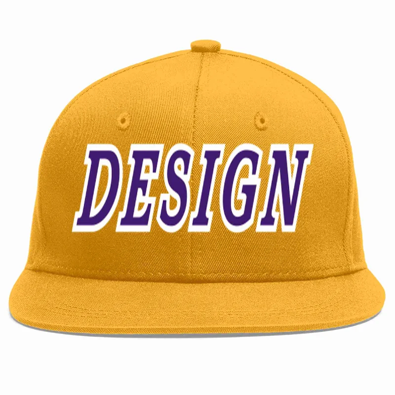 Baseball Cap For Softball Fan Custom Gear-Custom Gold purple-White Flat Eaves Sport Baseball Cap Design for Men/Women/Youth