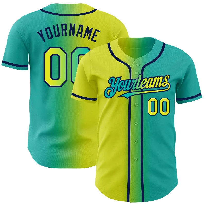 Baseball Jersey For Family Gifts-Custom Aqua Neon Yellow-Navy Authentic Gradient Fashion Baseball Jersey