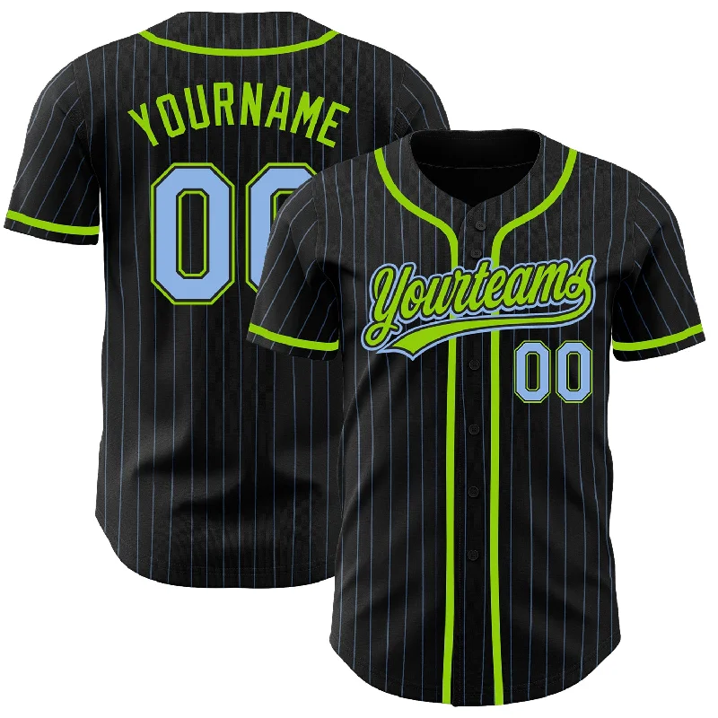 Baseball Jersey For Custom Sports Customization-Custom Black Light Blue Pinstripe Light Blue-Neon Green Authentic Baseball Jersey