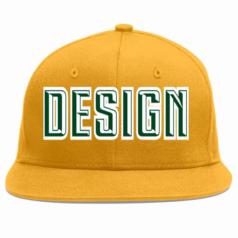 Baseball Cap For Custom School Spirit Gear-Custom Gold Green-White Flat Eaves Sport Baseball Cap Design for Men/Women/Youth