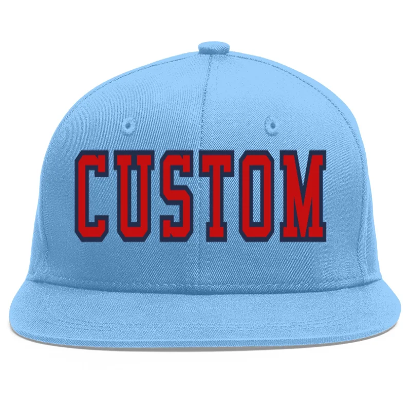 Baseball Cap With Player Numbers For Sale-Custom Light Blue Red-Navy Flat Eaves Sport Baseball Cap