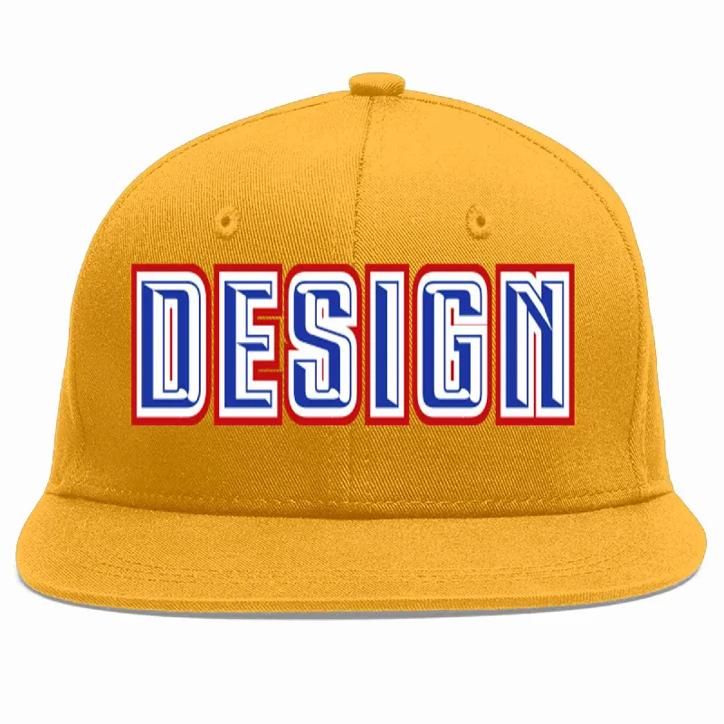 Baseball Cap For High School Fan Merchandise-Custom Gold Royal-White Flat Eaves Sport Baseball Cap Design for Men/Women/Youth