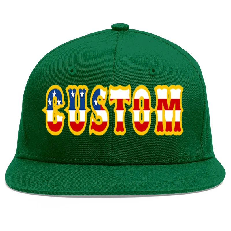 Baseball Cap For Special Edition Fan Gear-Custom Green Vintage USA Flag-Gold Flat Eaves Sport Baseball Cap