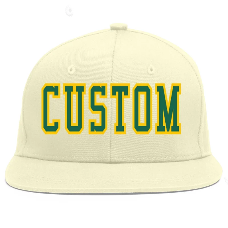 Baseball Cap For Custom Team Player Recognition-Custom Cream Kelly Green-Gold Flat Eaves Sport Baseball Cap