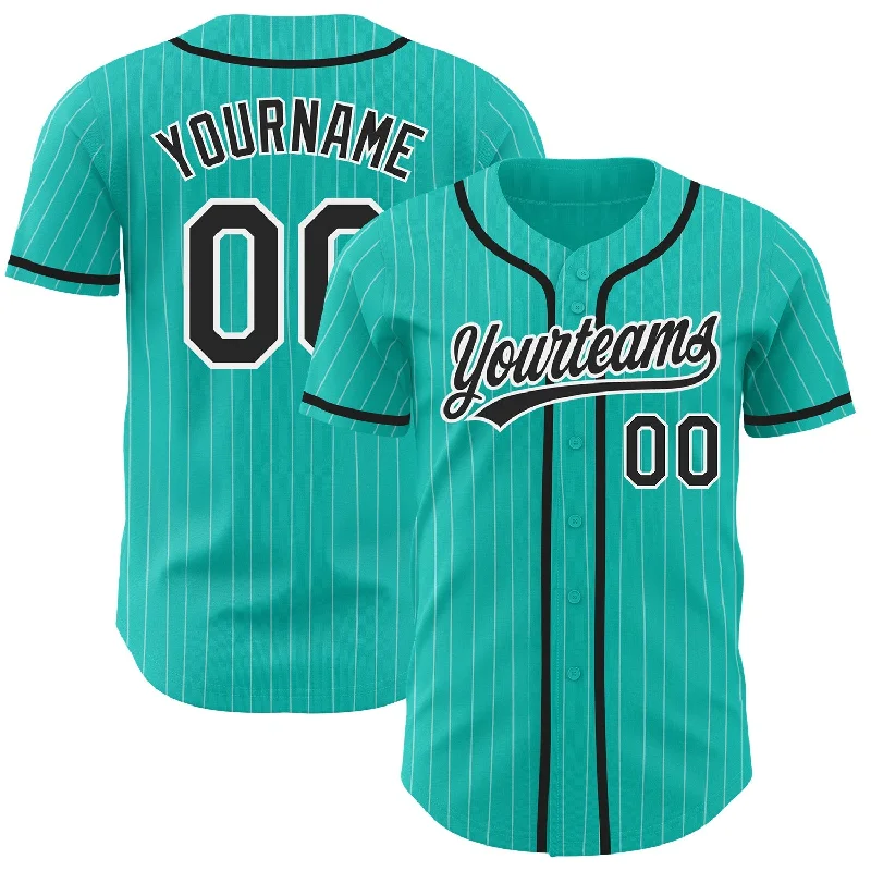 Baseball Jersey For Limited Time Fan Orders-Custom Aqua White Pinstripe Black Authentic Baseball Jersey