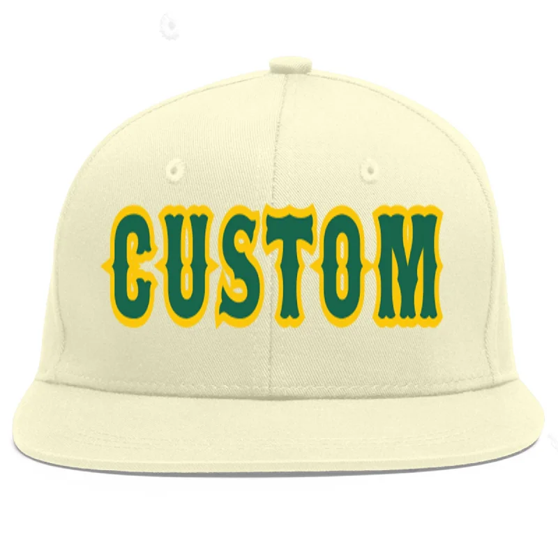 Baseball Cap For Limited-Time Offers-Custom Cream Kelly Green-Gold Flat Eaves Sport Baseball Cap