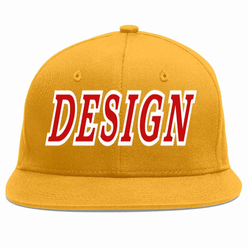 Baseball Cap For Professional Fan Customization-Custom Gold Red-White Flat Eaves Sport Baseball Cap Design for Men/Women/Youth