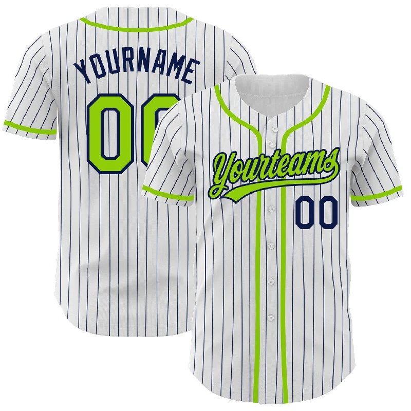 Baseball Jersey For Family Team Orders-Custom White Navy Pinstripe Neon Green Authentic Baseball Jersey