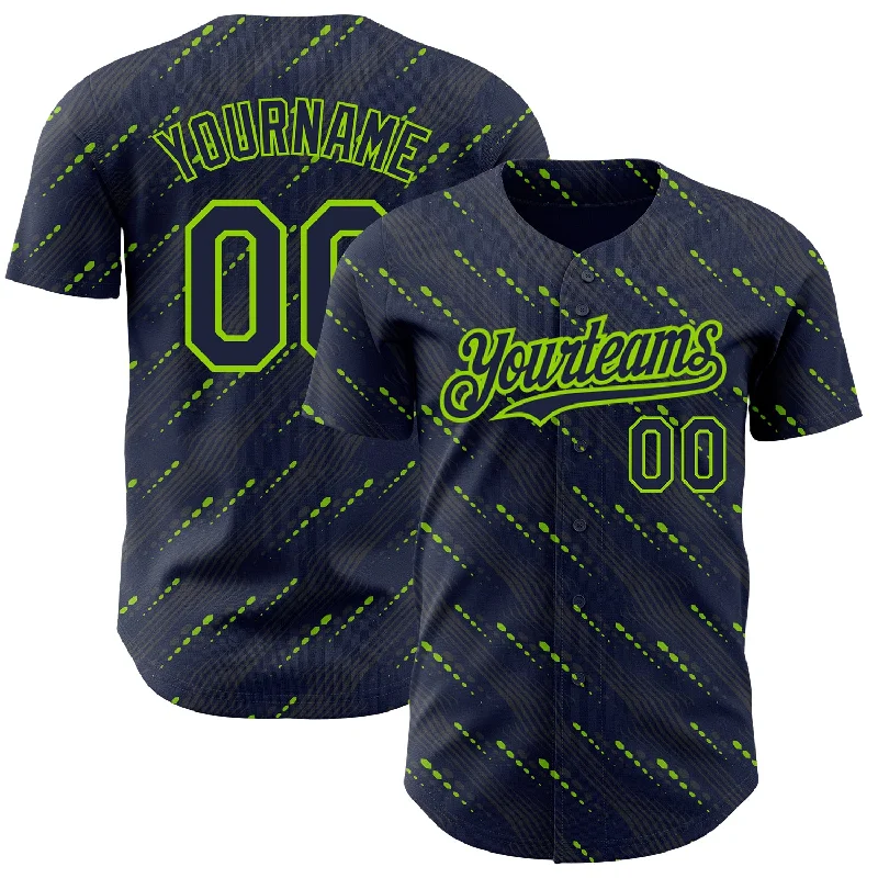 Baseball Jersey For Family Event Merchandise-Custom Navy Neon Green 3D Pattern Design Slant Lines Authentic Baseball Jersey