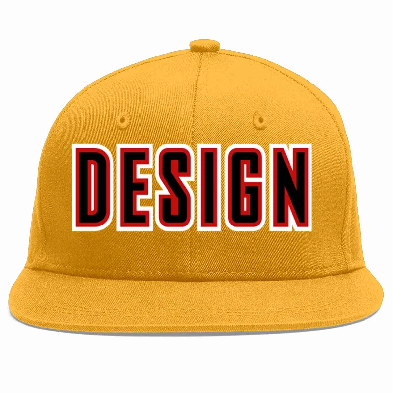 Baseball Cap For Fan Gear Fundraising-Custom Gold Black-Red Flat Eaves Sport Baseball Cap Design for Men/Women/Youth