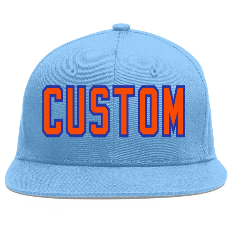 Baseball Cap For Fan Apparel Customization-Custom Light Blue Orange-Royal Flat Eaves Sport Baseball Cap