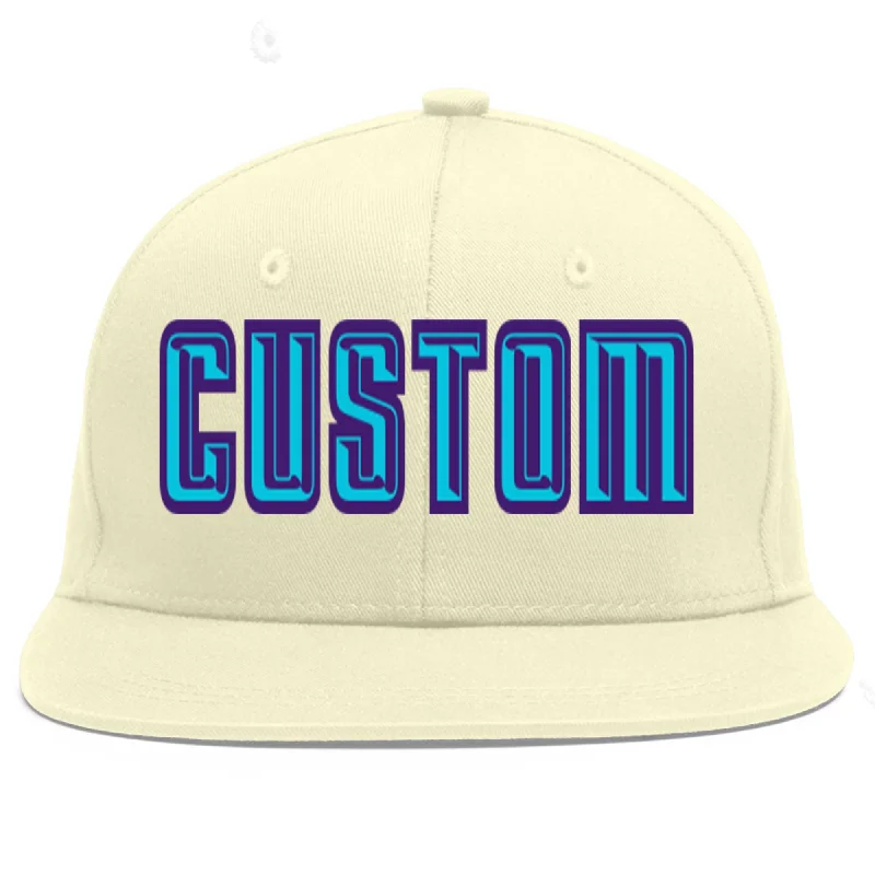 Baseball Cap For College Merchandise Sales-Custom Cream Light Blue-purple Flat Eaves Sport Baseball Cap