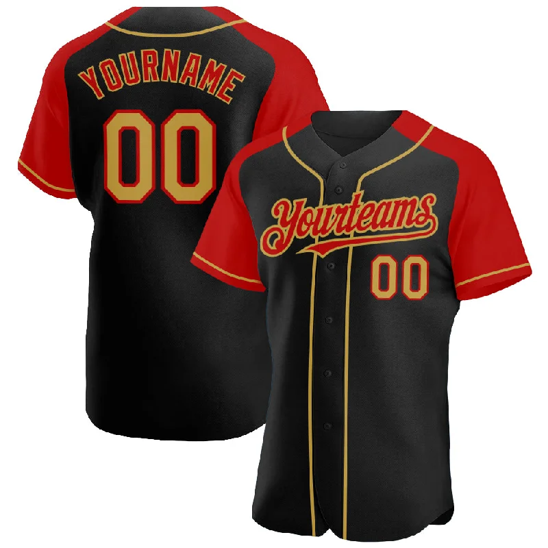 Baseball Jersey For Custom Player Gifts-Custom Black Old Gold-Red Authentic Raglan Sleeves Baseball Jersey