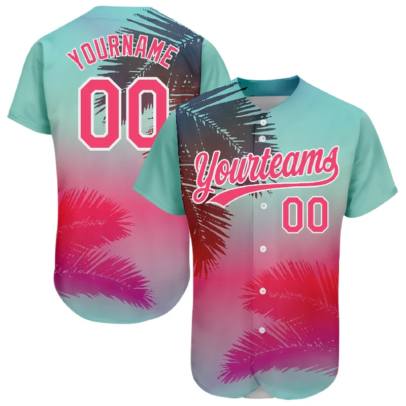 Baseball Jersey For High School Fan Gear-Custom Aqua Neon Pink-White 3D Pattern Design Hawaii Palm Leaves Authentic Baseball Jersey